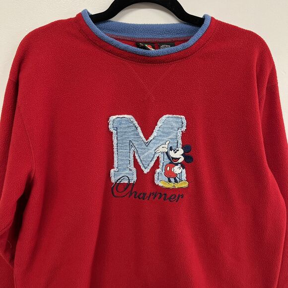 Vintage Y2K Mickey Charmer Red Fleece Pullover L Disney Jerry Leigh Embroidered - Picture 2 of 14